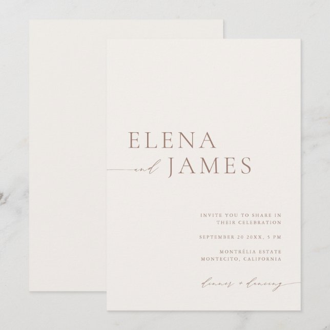 Moderne, neutrale Hochzeit von Elfenbein und Mocha Einladung (Vorne/Hinten)