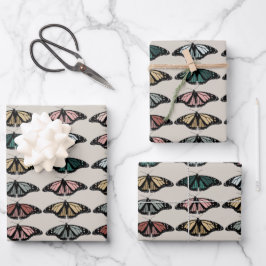 Moderne neutrale Schmetterlinge Gartenmuster Geschenkpapier Set