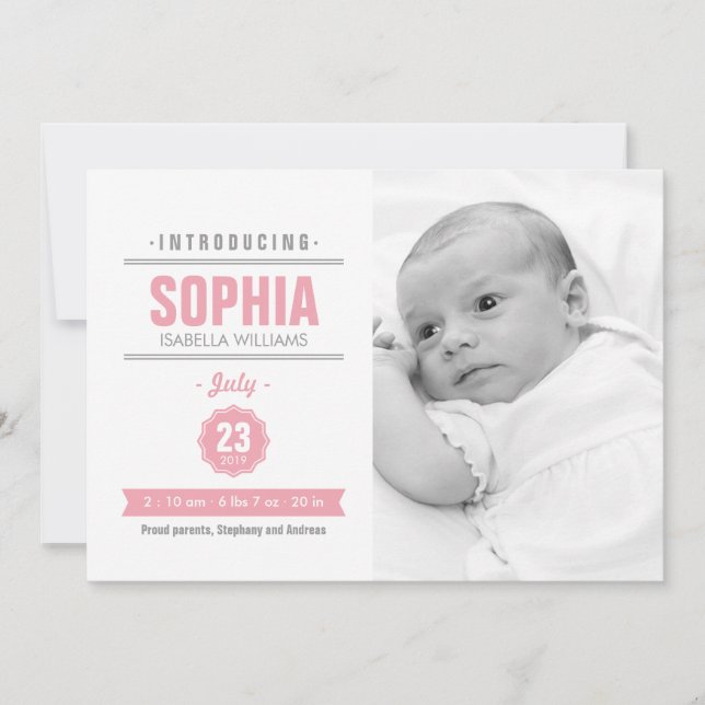 Moderne News Pink Baby Birth Foto Ankündigung (Vorderseite)