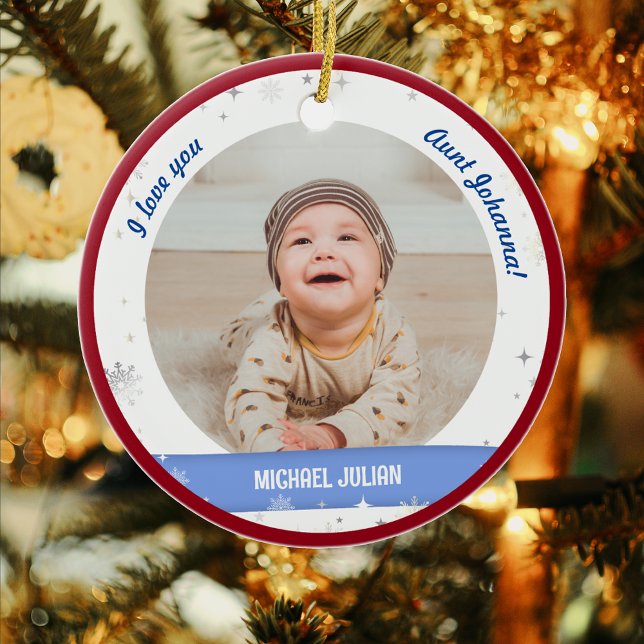Moderne Niedliche 2 Fotos Baby Boy Erste Weihnacht Keramik Ornament (Cute Modern Elegant Personalized First Christmas Baby I love you Auntie Baby Boy 2 Photos Snowflakes)
