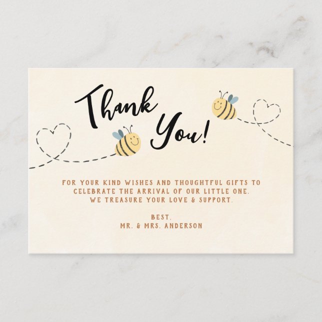Moderne Niedliche Biene DANK YOU BABY SHOWER Begleitkarte (Vorderseite)