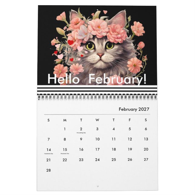 Moderne Niedliche Cat Blume Monatlich Jahr 2024 Kalender (Feb 2027)