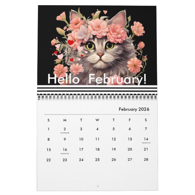 Moderne Niedliche Cat Blume Monatlich Jahr 2024 Kalender (Feb 2026)