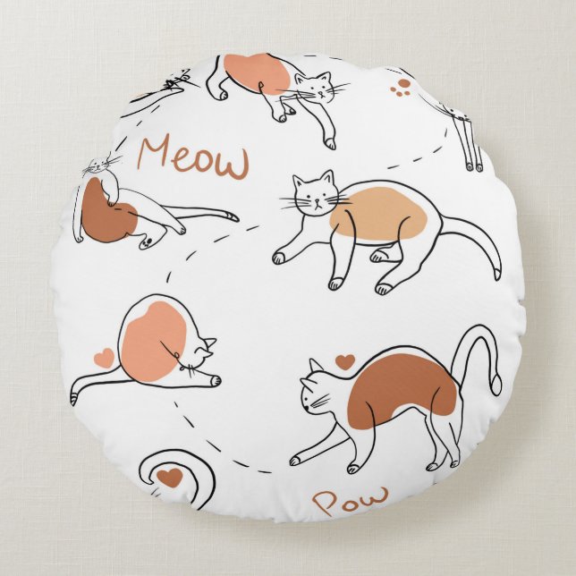Moderne niedliche Cat meow Kinderzimmer weiß braun Rundes Kissen (Vorderseite)