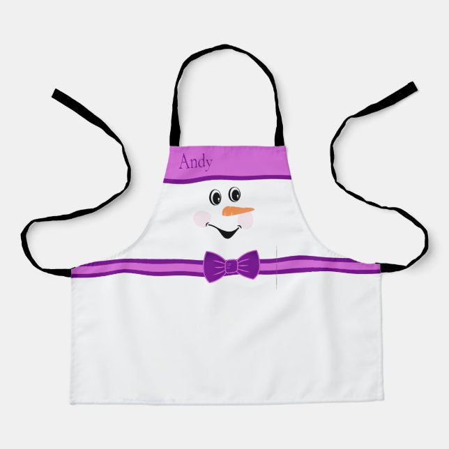 Moderne Niedliche Custom Snowman Face Lila Bowtie Schürze (Vorderseite)