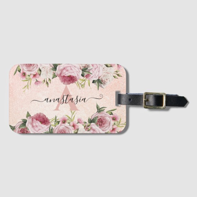Moderne niedliche Girl Pink Glitzer Rose Gold Blum Gepäckanhänger (Vorderseite (Horizontal))