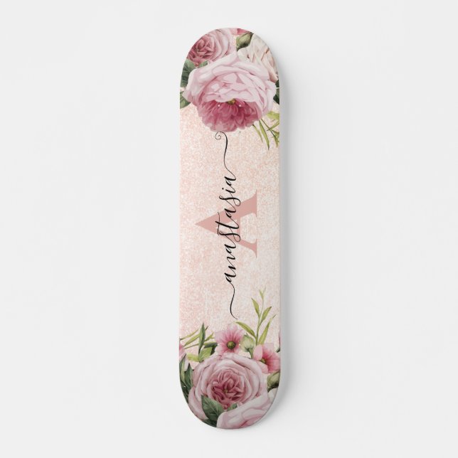 Moderne niedliche Girl Pink Glitzer Rose Gold Blum Skateboard (Vorne)