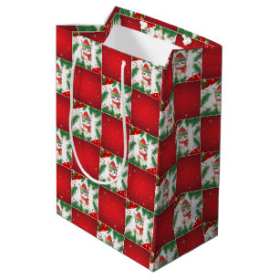 Moderne Niedliche Katze Santa Xmas Holly Schachbre Mittlere Geschenktüte