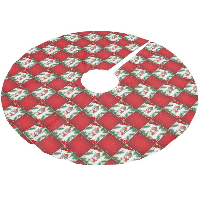 Moderne Niedliche Katze Santa Xmas Holly Schachbre Polyester Weihnachtsbaumdecke (Schrägansicht)