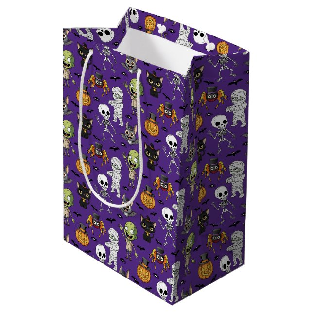 Moderne Niedliche Lila Halloween Cartoon Pattern K Mittlere Geschenktüte (Rückseite Schrägansicht)