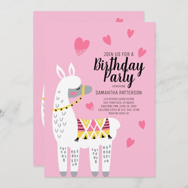 Moderne Niedliche Llama Birthday Einladung (Vorne/Hinten)