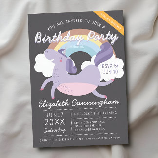 Moderne Niedliche Rainbow Unicorn Virtual Birthday Einladung