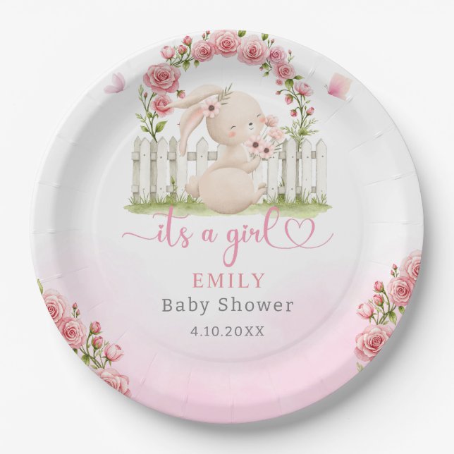 Moderne, niedliche, rosa Blumendusche Pappteller (Vorderseite)