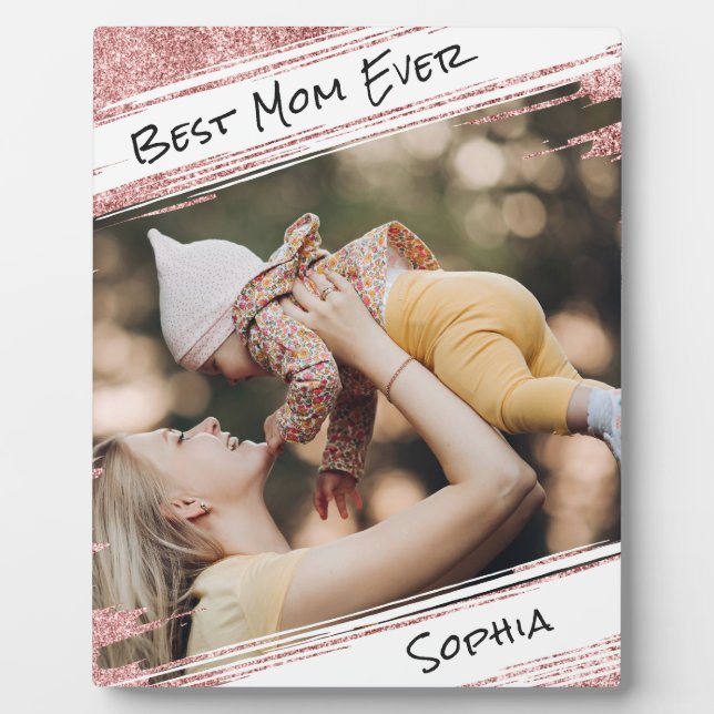 Moderne Niedliche Rose Gold Glitzer Foto Beste Mam Fotoplatte (Vorderseite)