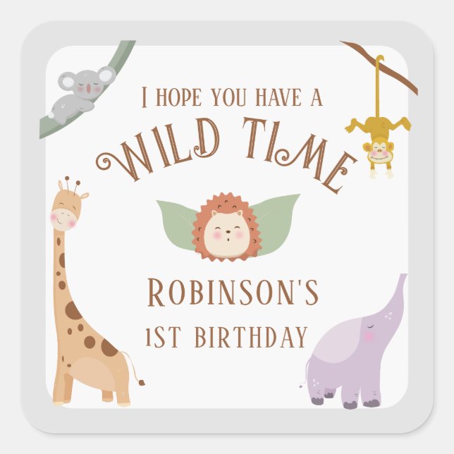 Moderne Niedliche Wildtiere 1. Geburtstag Quadratischer Aufkleber (Vorderseite)