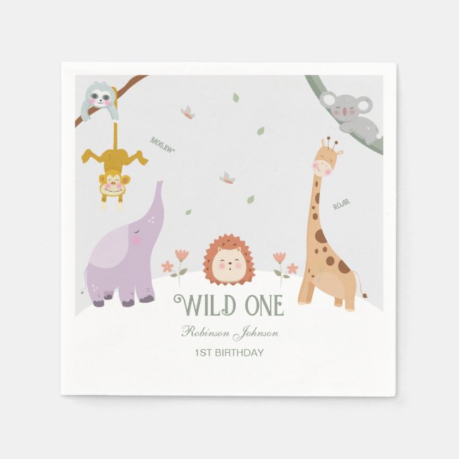 Moderne Niedliche Wildtiere 1. Geburtstag Serviette (Vorderseite)