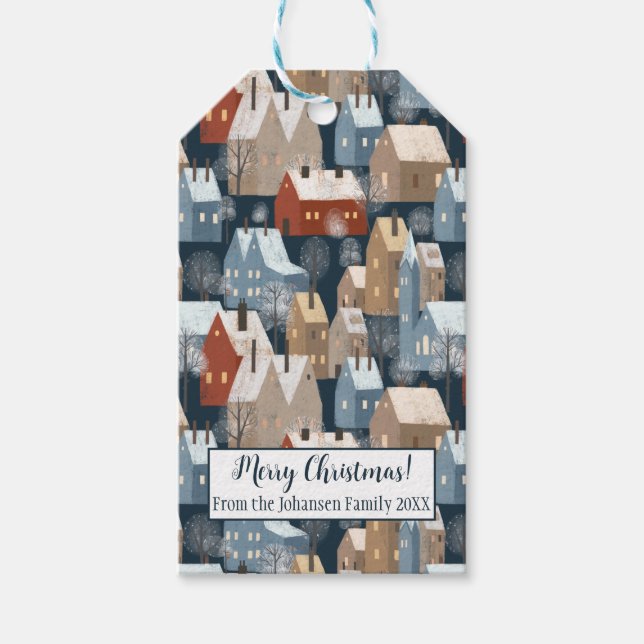 Moderne Nordic Winter Town Houses Pattern Blau Rot Geschenkanhänger (Vorderseite)