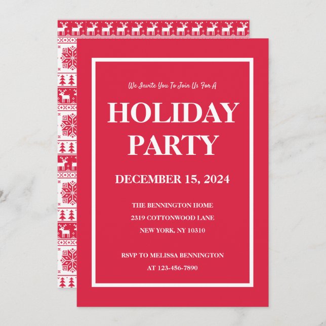 Moderne Nordische Rot-Weiß-Muster-Feier Einladung (Vorne/Hinten)