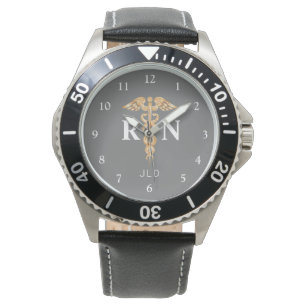 Moderne Nurse RN Black Gray Monogram Mens Armbanduhr
