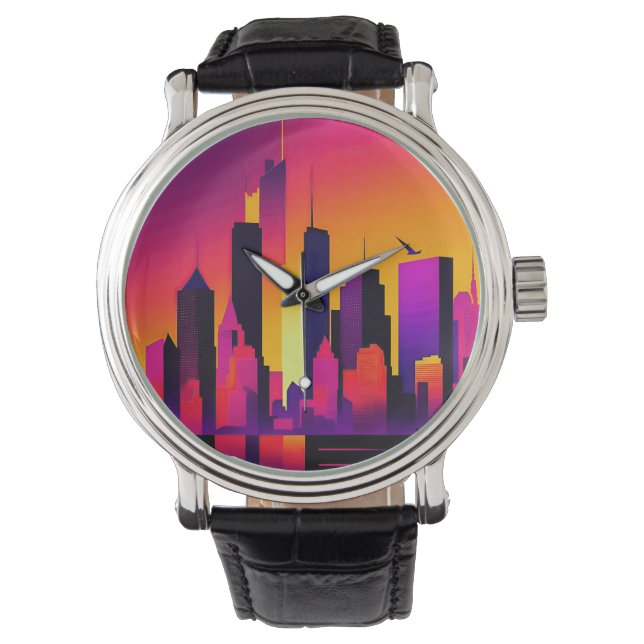 Moderne NYC Skyline Graphic Armbanduhr (Vorderseite)