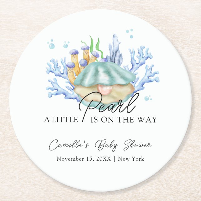 Moderne Ocean Pearl unter der Sea Baby Dusche Runder Pappuntersetzer (Vorderseite)