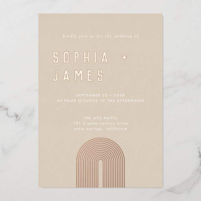 Moderne Ochre Orange Boho Arch Wedding Folieneinladung (Vorderseite)