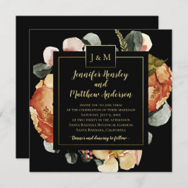 Moderne Oktoberblüte auf Black Monogram Wedding Einladung
