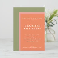 Moderne Olive-Coral-Farbblock-Graduationsfeier Min Einladung