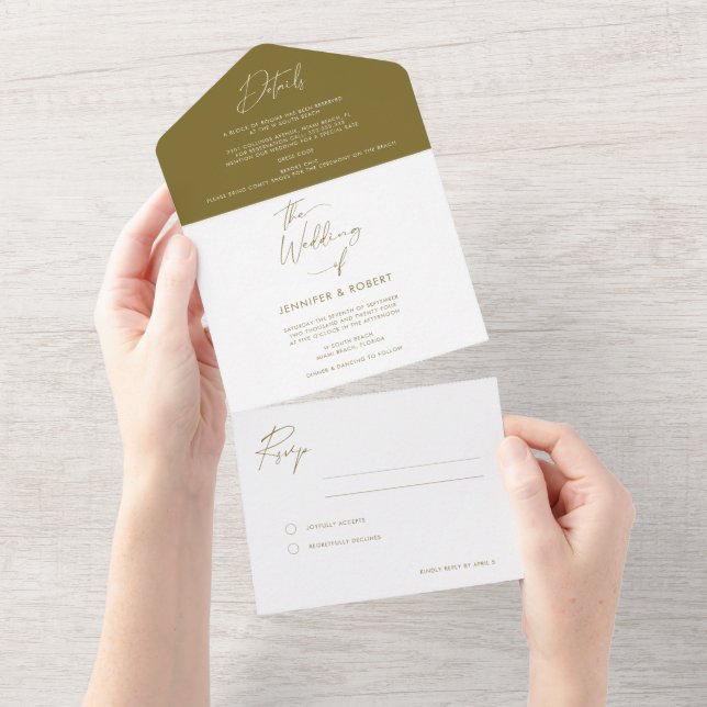 Moderne Olive Green Calligraphy Script Wedding All In One Einladung (Abreißen)
