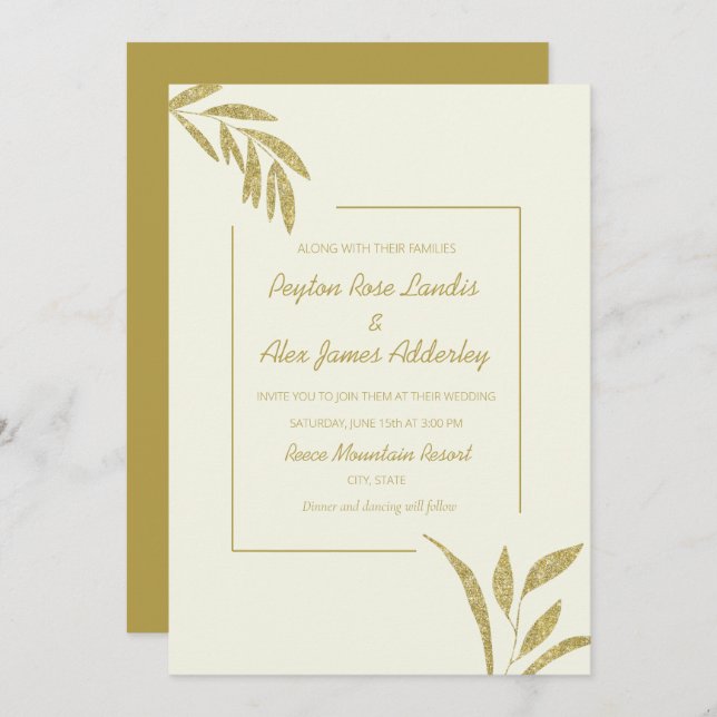 Moderne Olive Green Cream Gold Blätter Hochzeit Einladung (Vorne/Hinten)