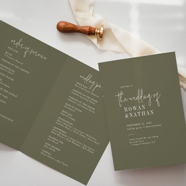 Moderne Olive Green Folded Wedding Programm (Von Creator hochgeladen)