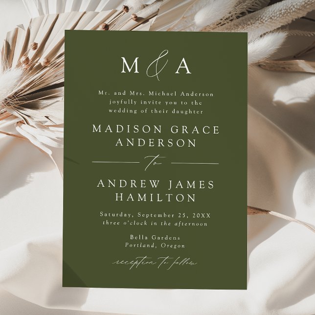 Moderne Olive Green Monogram Wedding Einladung (Von Creator hochgeladen)