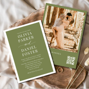 Moderne Olive Green QR Code Foto Hochzeit Einladung