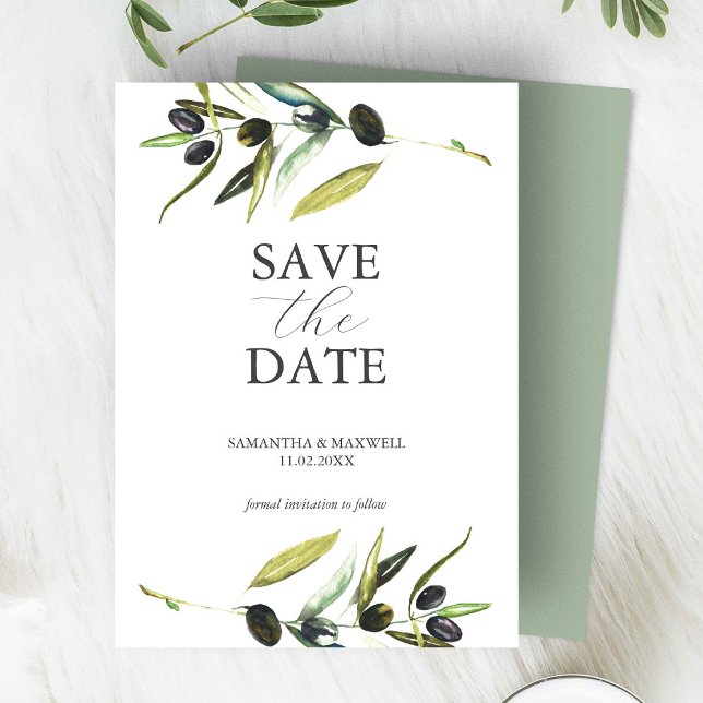 Moderne Olive Zweigstelle Wasserfarbe Save the Dat Save The Date (wedding save the date botanical watercolor olive branch)