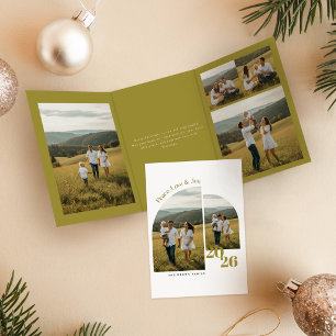 Moderne Oliven-Foto-Collage Familie Frohe Weihnach Dreifach Gefaltete Ankündigung