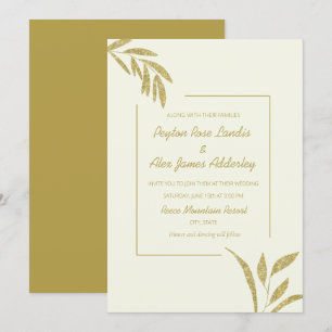 Moderne Oliven-Grün-Cream-Gold-Blatt-Hochzeit Einladung