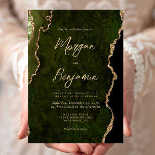 Moderne olivgrüne Achat-Gold-Schrift Hochzeit Einladung