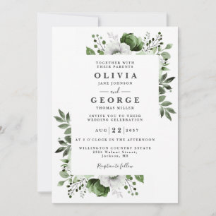 Moderne olivgrüne botanische Hochzeit mit floralem Einladung