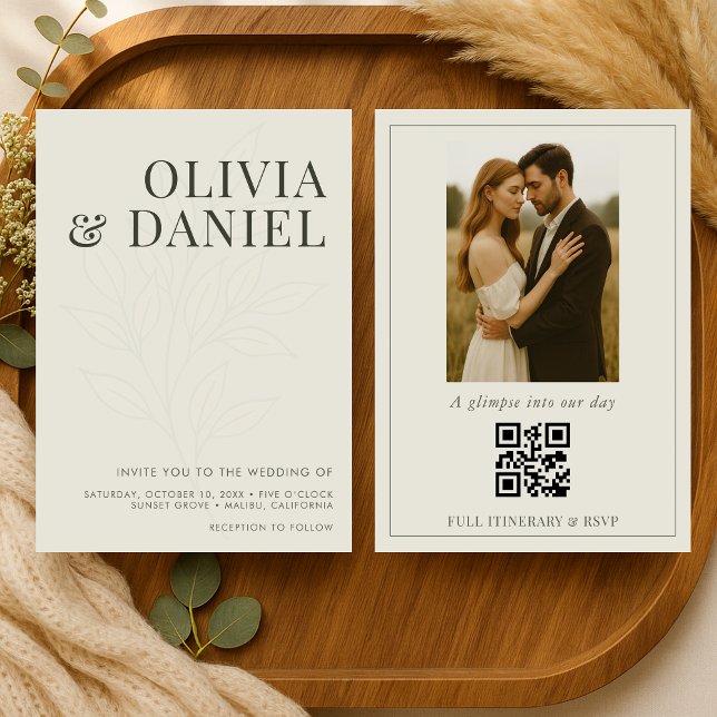 Moderne olivgrüne Hochzeit mit QR-Code-Foto Einladung (Von Creator hochgeladen)