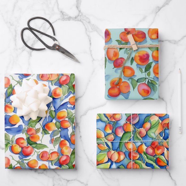 Moderne Orange Apricots Peach Frucht Wasserfarbe Geschenkpapier Set (Vorderseite)