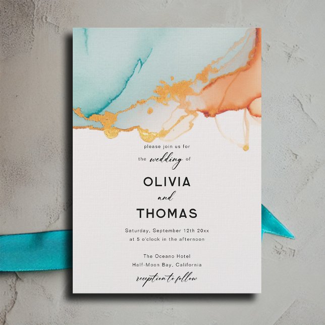 Moderne Orange Aquamarine Minimalistische Romantik Einladung (modern orange and teal wedding invitation romantic elegant bohemian minimalist calligraphy simple)