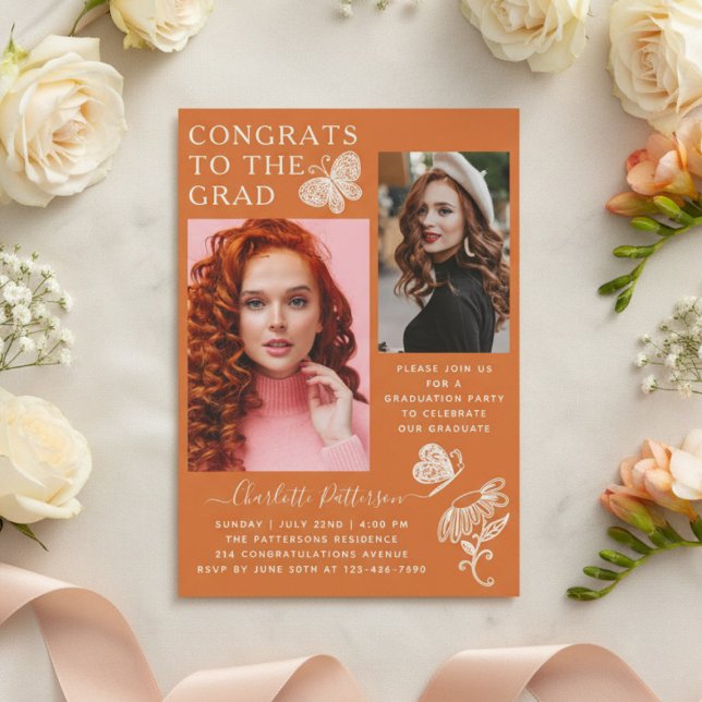 Moderne Orange Butterfly Foto Graduation Party Einladung (Von Creator hochgeladen)