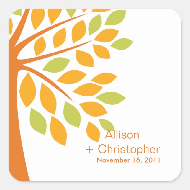 Moderne Orange Fall Tree Wedding Square Sticker (Vorderseite)