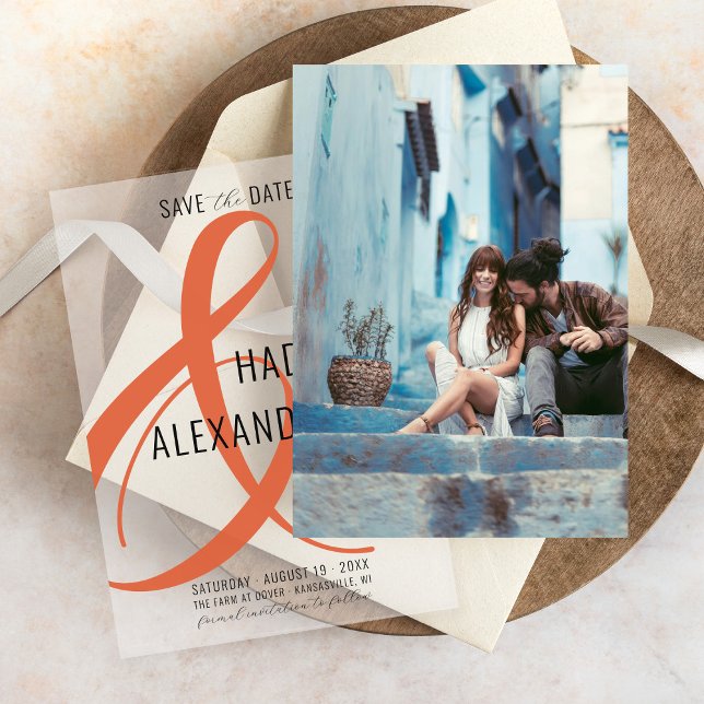 Moderne ORANGE Foto Underlay Wedding Save The Date (Simple photo underlay for modern burnt orange Italian sunset ampersand vellum wedding save the date)