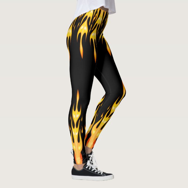 Moderne orange-gelbe Feuer Flammen schwarz Leggings (Rechts)
