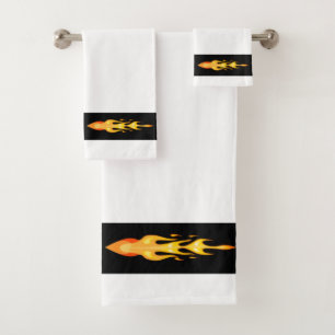Moderne orange-gelbe Feuerflamme auf Schwarz-Weiß Badhandtuch Set