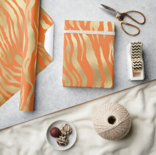 Moderne Orange Gold Shimmer Tiger Stripes Geburtst Geschenkpapier
