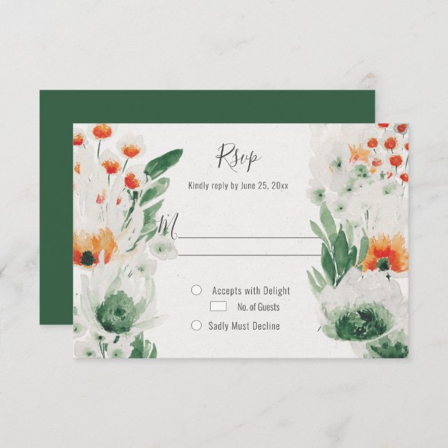 Moderne, orange-grüne Aquarellblume RSVP Karte (Vorne/Hinten)