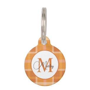Moderne orange karierte Monogramm-Name benutzerdef Haustiermarke