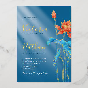 Moderne Orange Lotusblume Blaue Hochzeitseinladung Folieneinladung